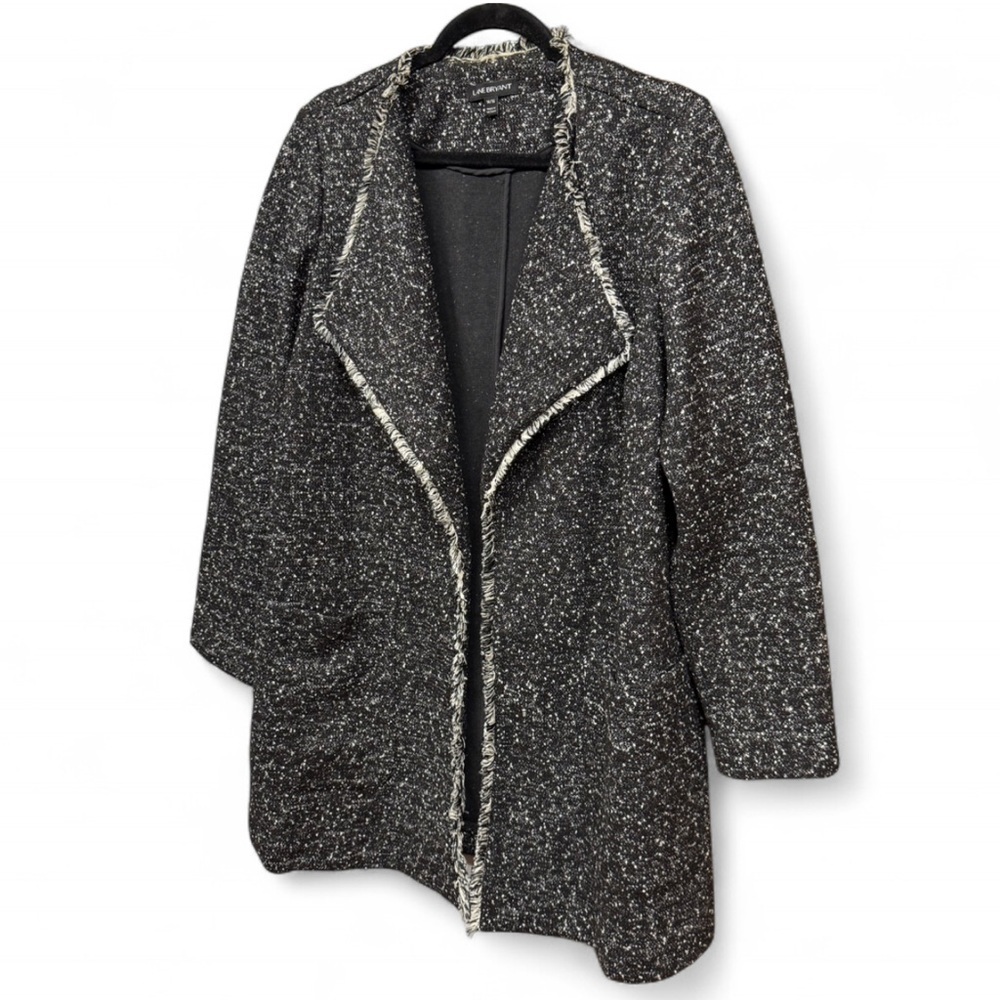 Lane Bryant Fringe Trim Open Front Jacket Cardigan Black White Marled Size 14/16 - Picture 3 of 9